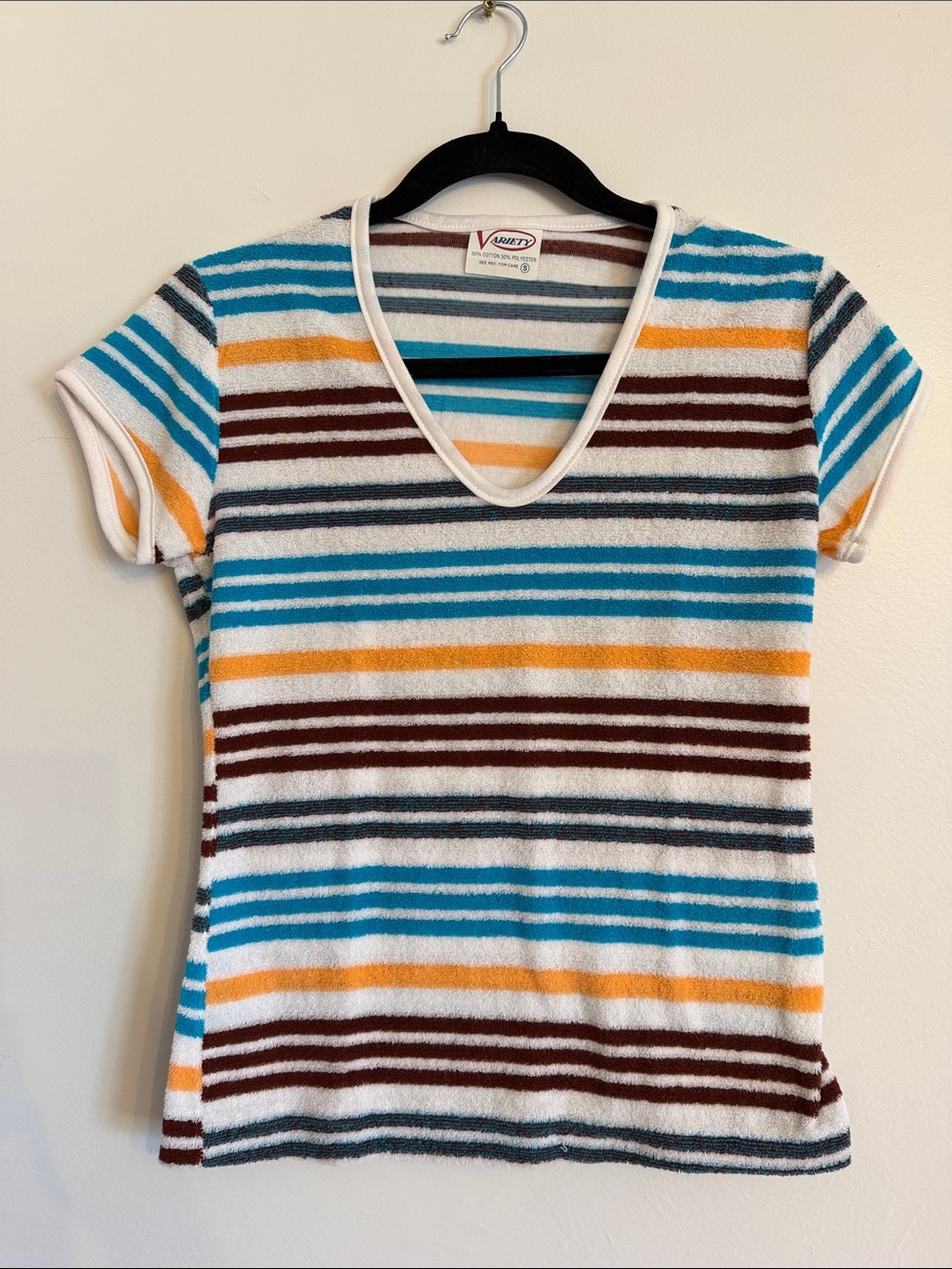 Vintage 1970’s Terry Cloth Striped V-Neck Short Sleeve Top in Multi Color EUC!